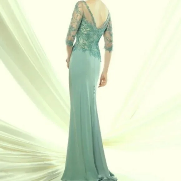Montage By Mon Cheri Light Turquoise Blue Green Beaded Embroidered Gown